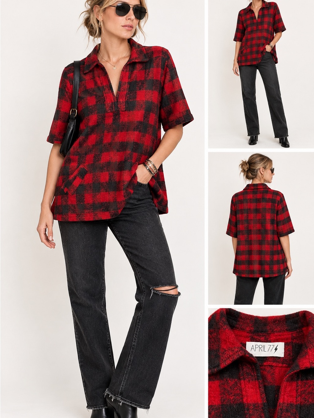 April 77 Records Courtney Red Black Buffalo Plaid Y2K Indie Wool Tunic  Small